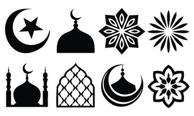 Obraz premium Ramadan silhouette icons with mosque, crescent moon and stars design