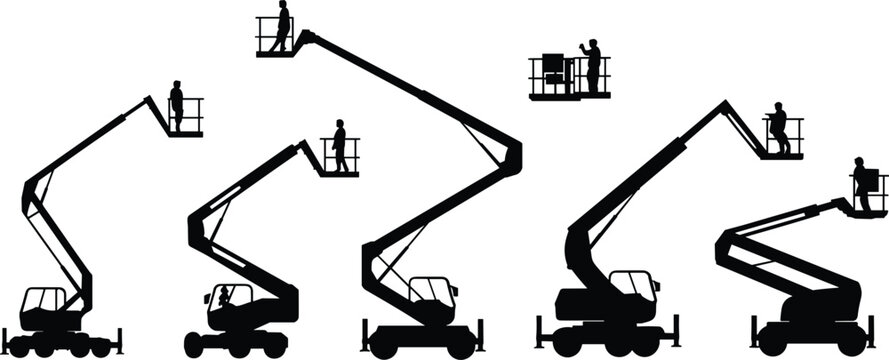 Aerial work platform and boom lift silhouette set with workers on cherry pickers, industrial maintenance and construction equipment, black vector illustration collection