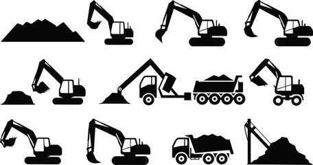 Construction machinery silhouette set with excavator, dump truck, loader and soil piles, heavy equipment icons, industrial building illustration, black vector collection © Sharon 
