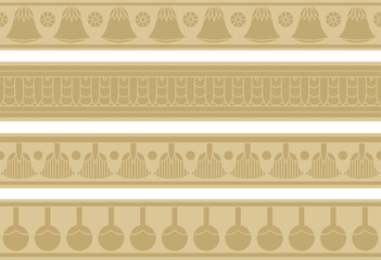 Vector set of golden seamless Egyptian borders. Endless Ornaments of Ancient Egypt. Geometric African frame.