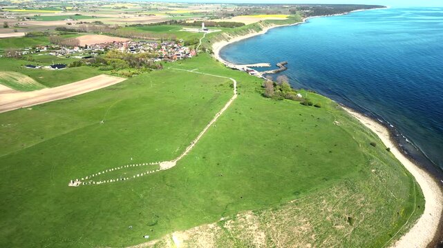 Aerial of Ales Stenar stone Viking ship monument in Scania southern Sweden