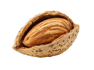 A close-up view of an almond in its shell. The almond is perfectly captured, offering a glimpse of its texture and form Isolated Transparent Background, PNG