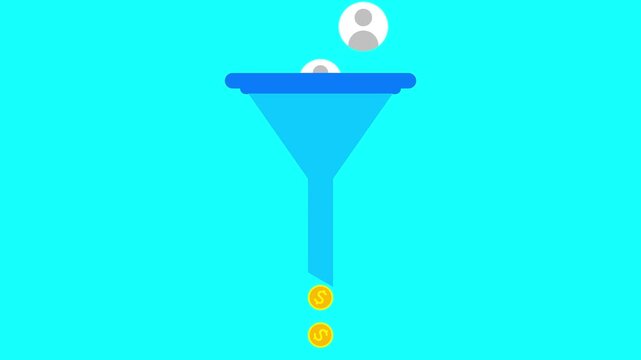 Animated lead generation concept with people icons flowing through a funnel and transforming into golden coins. Dynamic business conversion visual.