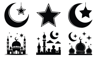 Obraz premium Ramadan silhouette mosque crescent moon star family people bundle icons