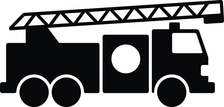 Fire truck ladder silhouette icon with emergency rescue vehicle, firefighting equipment and safety service concept, black vector illustration isolated on white background