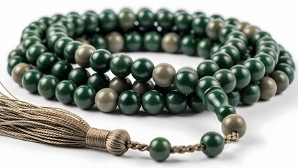 Green Beaded Mala Bracelet with Tassel and Gold Accents.