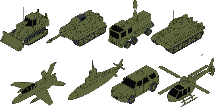 Isometric military vehicle and aircraft collection with tanks, missile truck, jet, submarine and helicopter, modern army equipment vector illustration set