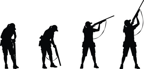 Female hunter silhouettes sequence, shooting rifle action poses, outdoor sport and wildlife hunting concept, marksmanship practice stages, black and white vector illustration