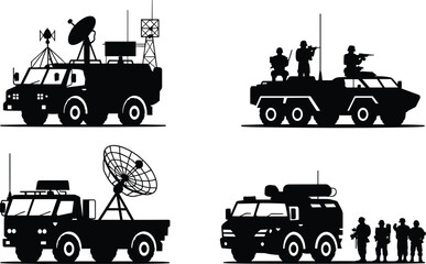 Military communication and armored vehicle silhouettes with radar trucks, armed patrol cars and soldiers, black vector modern army equipment collection illustration © Sharon 