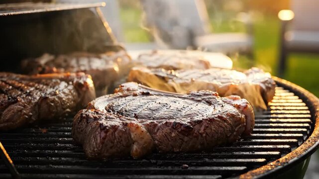 Close Up Steaming Juicy Beef Steaks on BBQ Grill with Green Grass Background in Golden Hour Lighting, Focus on the foreground with Visible Grill Marks
