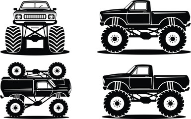 Monster truck silhouette icon set with lifted pickup, off-road wheels, extreme suspension, front and side views, black vector illustration © Sharon 