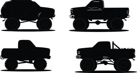 Off-road pickup truck silhouette set with lifted 4x4 vehicles, monster wheels and rugged design, black vector automotive illustration collection © Sharon 