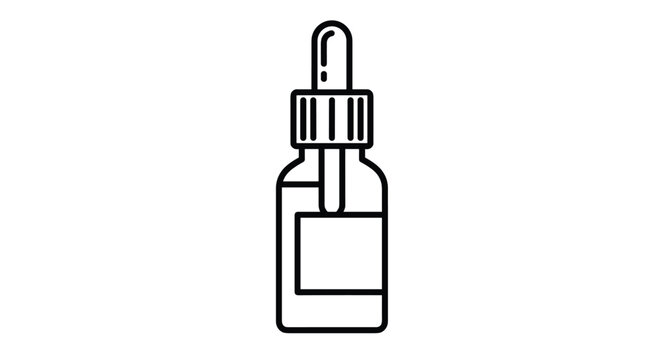 A close-up line art drawing of a glass dropper bottle with a blank label.