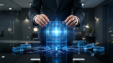 Fototapeta premium Businessman Interacting with Futuristic Digital Globe and Circuitry.