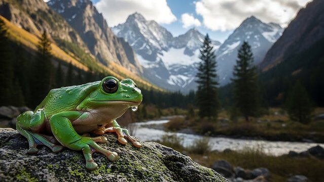 Green frog on rock mountain lake.
