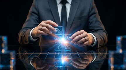 Businessman holding glowing digital cube, symbolizing innovation and future technology.