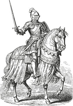 Armored knight on horseback wielding sword in medieval jousting tournament scene