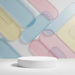 Geometric serenity: Pastel panes backdrop a pristine product display podium