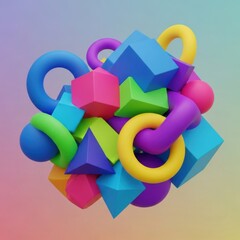 Iridescent geometric shapes coalesce into a vibrant three dimensional form