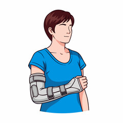 Fototapeta premium Woman wearing arm brace for injury recovery, illustration shows patient with orthopedic support. Detailed components of arm brace aid rehabilitation after trauma or fracture.
