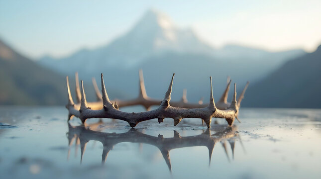 A rustic, circular crown of sharp thorns rests upon a reflective, frozen surface, set against a serene, out-of-focus backdrop of majestic, snow-capped mountain peaks during a soft sunrise