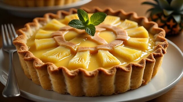 A close-up of a pineapple pie on a white plate, with a mint garnish and a fork beside it. Ai