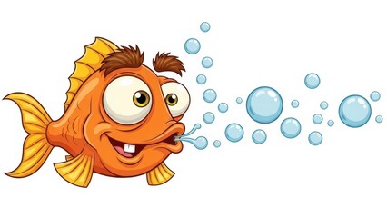 Fototapeta premium Funny Orange Cartoon Fish Blowing Blue Bubbles Isolated on White