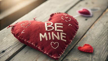 Red fabric 'be mine' heart pillow on a rustic wooden surface for valentine's day
