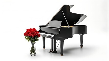 Grand piano with open lid, glossy black finish, with a vibrant bouquet of red roses beside it against a clean white backdrop