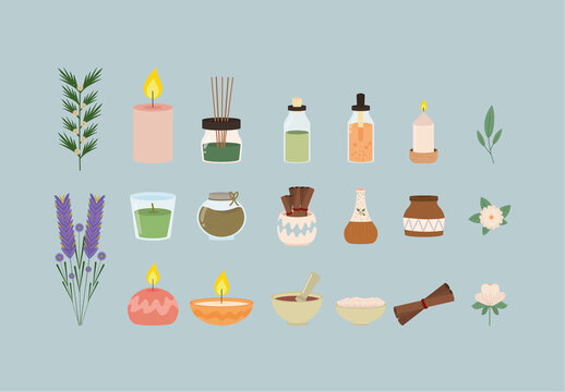 Colorful Aromatherapy Candle Spa Natural Wellness Illustrations Set