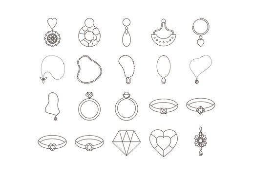 Black Jewelry Accessories Rings Earrings Line Icons Set