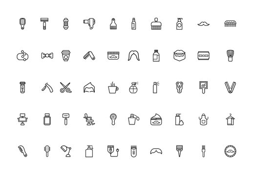 Black And White Barber Tools Haircut Beard Grooming Icons Set