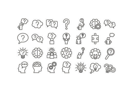 Black Mind Intelligence Idea Thinking Line Icons Set