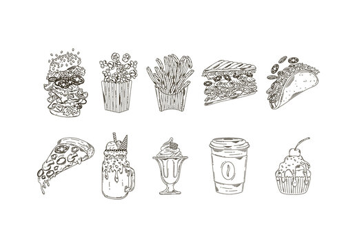 Black Fast Food Drinks Snacks Sketch Illustrations Set