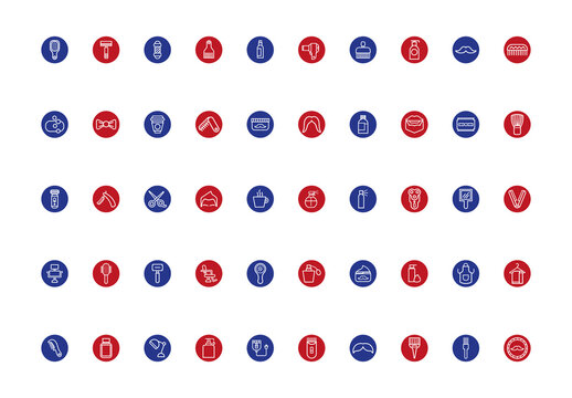 Blue And Red Barber Shop Tools Grooming Beauty Icons Set