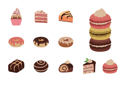 Colorful Dessert Donut Cake Chocolate Candy Illustrations Set