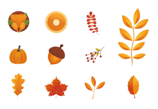 Brown And Red Thanksgiving Autumn Pumpkin Leaves Dinner Icons Set