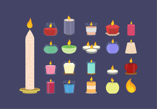 Colorful Candle Light Wax Flame Aromatherapy Illustrations Set