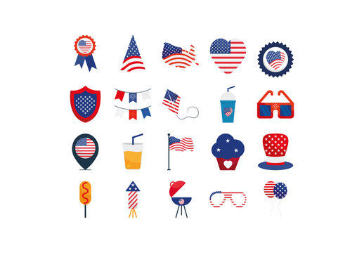Colorful American 4th July Usa Celebration Icons Set