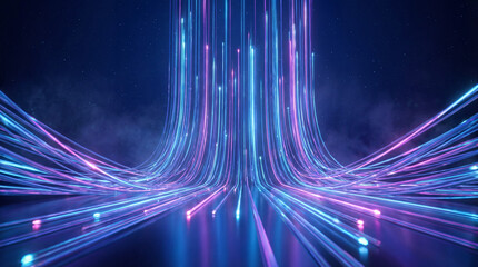 Dynamic Digital Streams: A mesmerizing display of flowing data, represented by vibrant blue and pink light trails, conveying the essence of modern technology and connectivity.