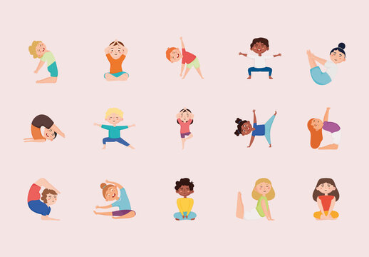 Colorful Girl Boy Yoga Pose Meditation Relax Illustrations Set
