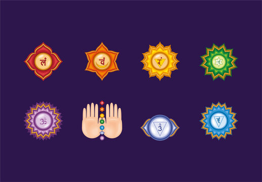 Colorful Chakra Yoga Balance Symbols Illustrations Set
