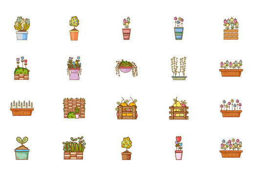 Colorful Doodle Nature Flowers Garden Icons Set