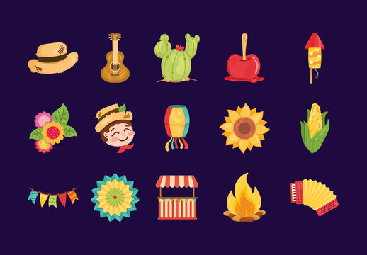 Festa Junina Festival Music Fire Celebration Illustration Set