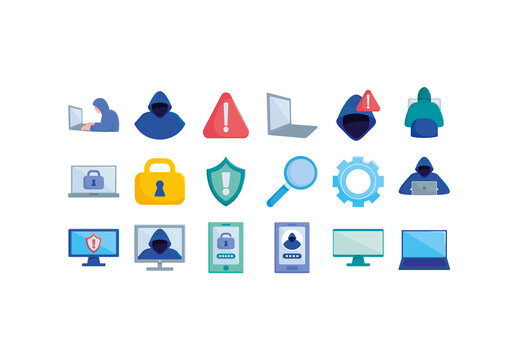 Colorful Cyber Hacker Alert Protection Lock Icons Set