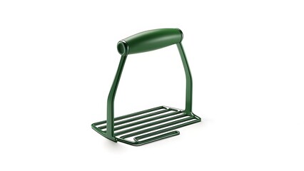 Green kitchen tool for mashing cooked food. Features a horizontal grid attached to a vertical handle. Isolated on white