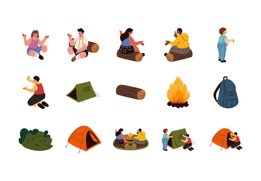 Colorful Campfire Backpack Tent Hiking Camping Illustrations Set