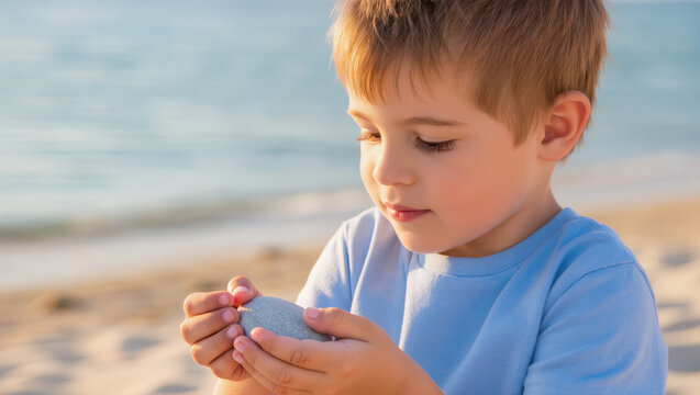 Curious little boy holding stone with ladybug on beach during summer day, exploring nature near the sea in warm sunlight - Powered by Adobe