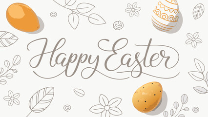 Easter eggs and leaves on white background with Happy Easter text