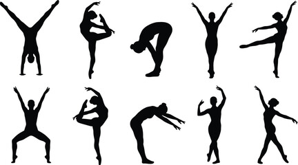 Fototapeta premium Yoga and ballet pose silhouettes collection, female fitness flexibility exercises, dance stretching positions, wellness training vector illustration, isolated black background